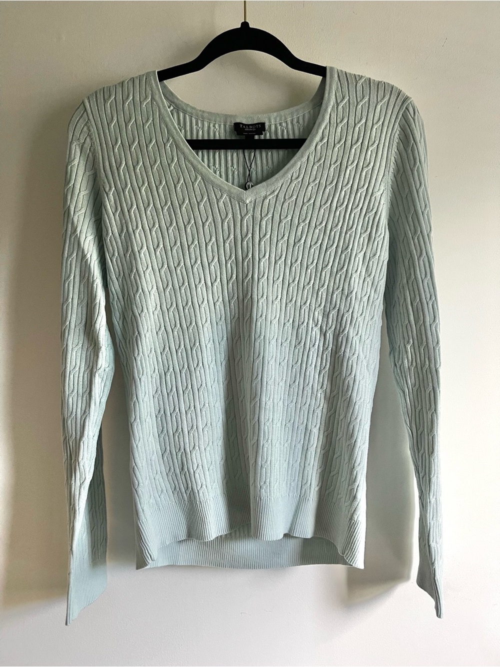 NWT Talbots Cable Knit V-Neck Sweater Light Blue L Pastel Soft Pullover Classic